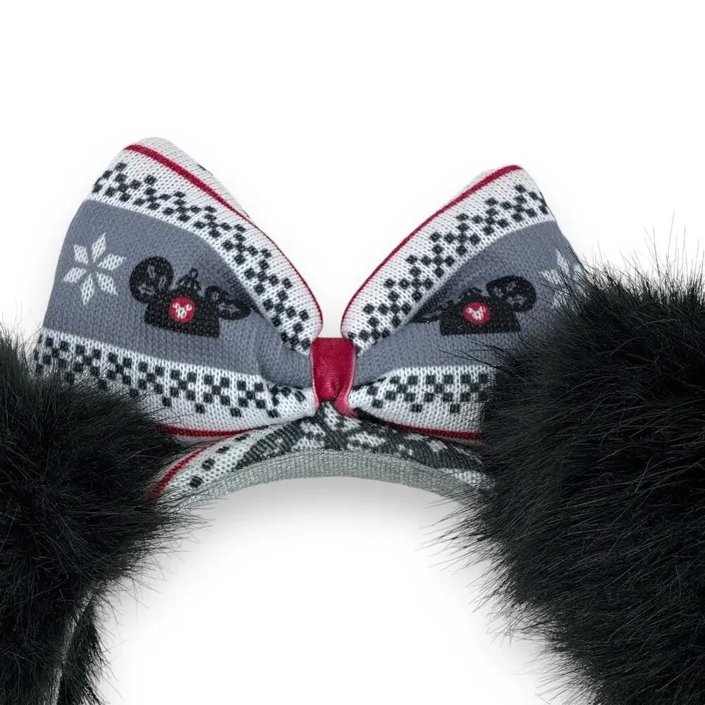 Disney Minnie Mouse Holiday Christmas Faux Fur Fuzzy Ears Sweater Bow Headband